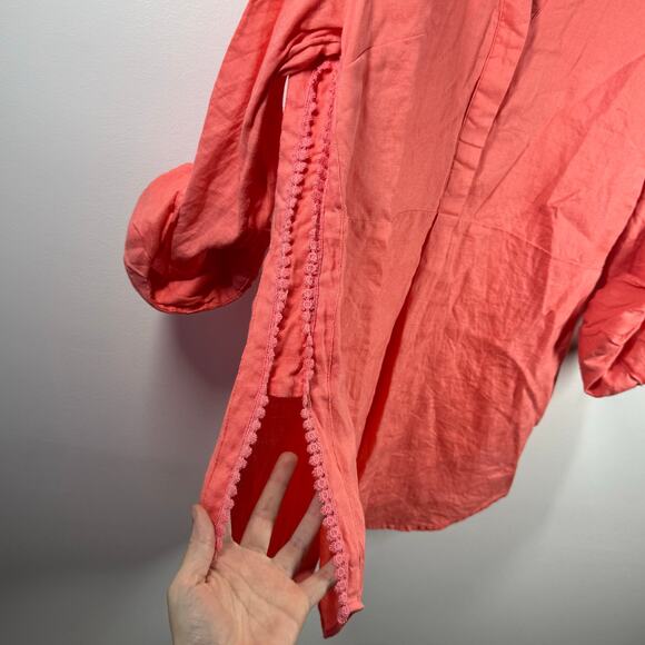 Crown & Ivy Top Women S Orange 100% Linen Roll Tab Sleeve Tunic Coastal Spring - Picture 4 of 8